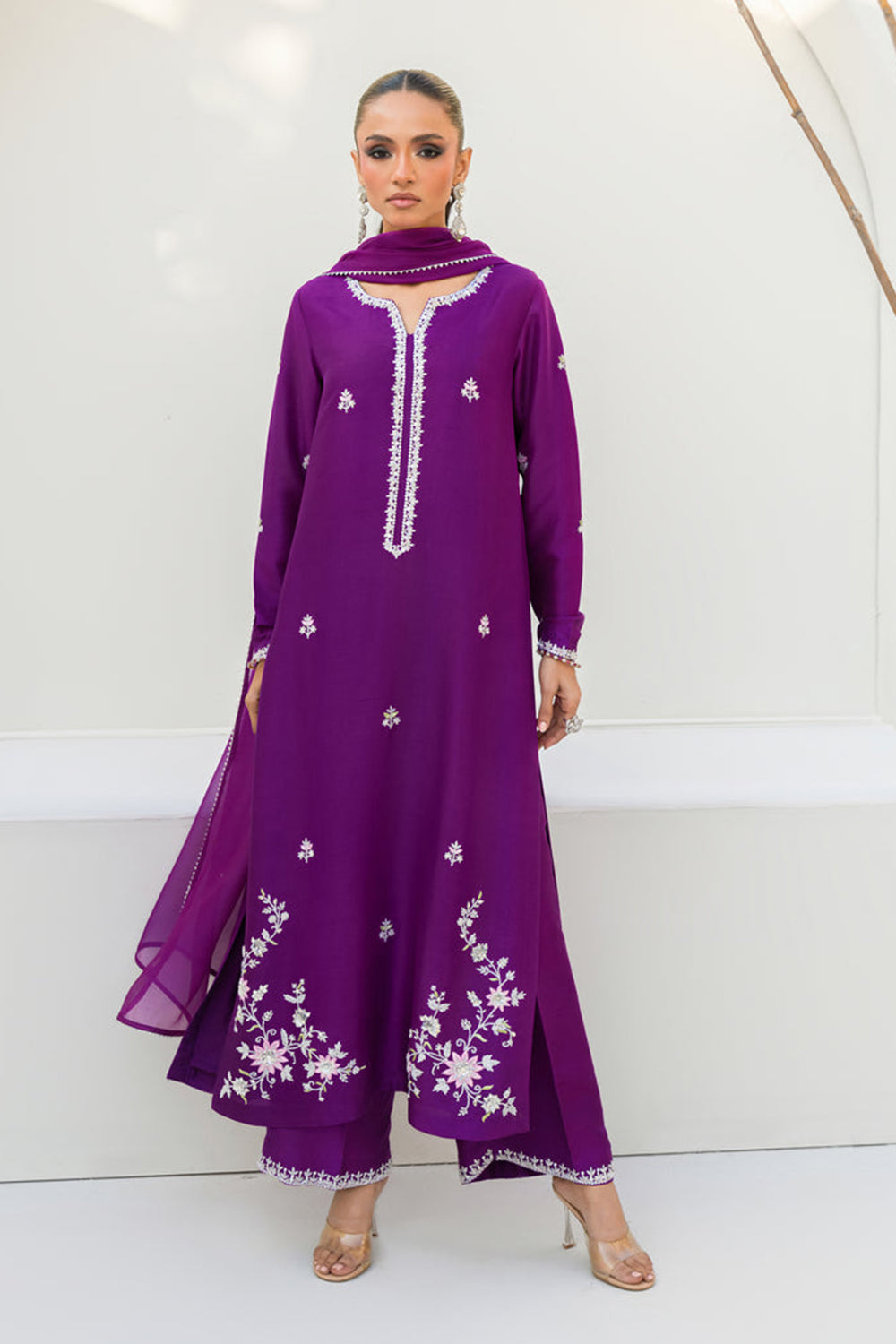 Khushboo & Pankaj Women Royal Purple Embroidered Silk Suit Set with Palazzo
