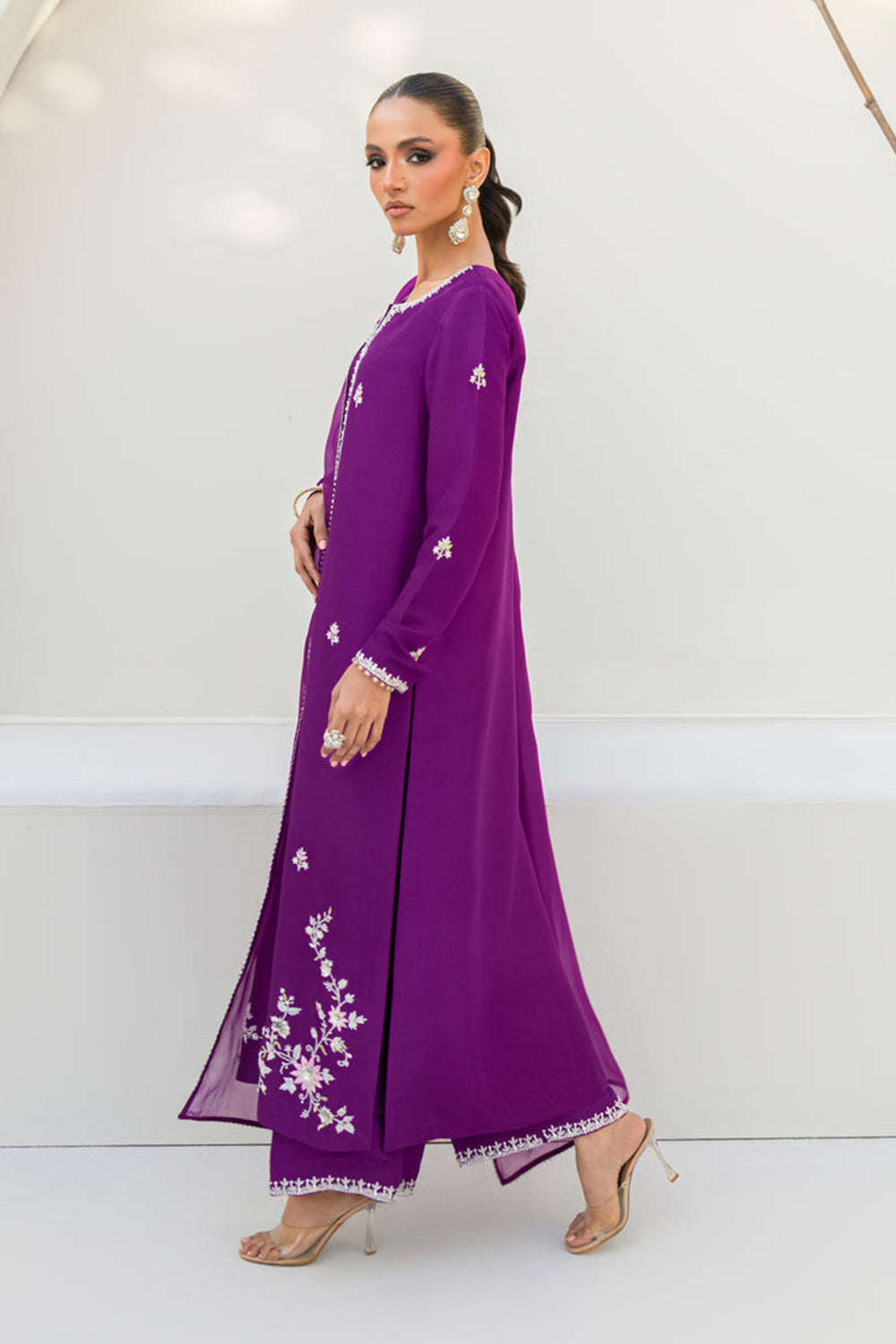 Khushboo & Pankaj Women Royal Purple Embroidered Silk Suit Set with Palazzo