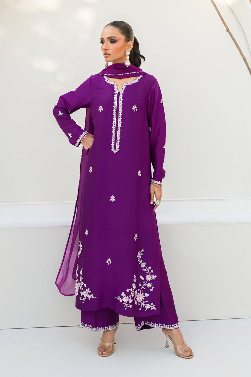 Khushboo & Pankaj Women Royal Purple Embroidered Silk Suit Set with Palazzo