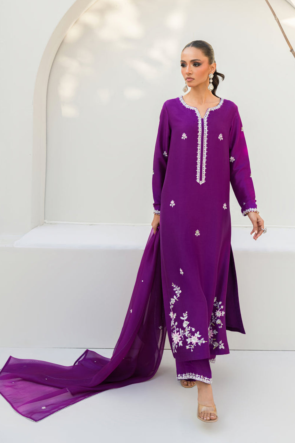Khushboo & Pankaj Women Royal Purple Embroidered Silk Suit Set with Palazzo