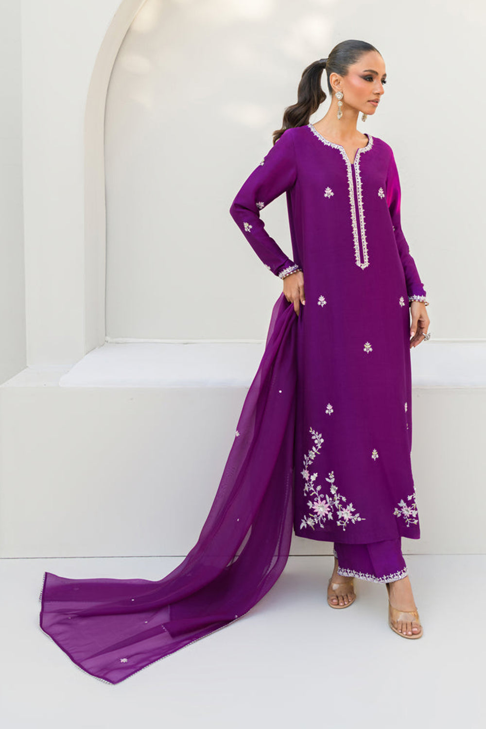 Khushboo & Pankaj Women Royal Purple Embroidered Silk Suit Set with Palazzo