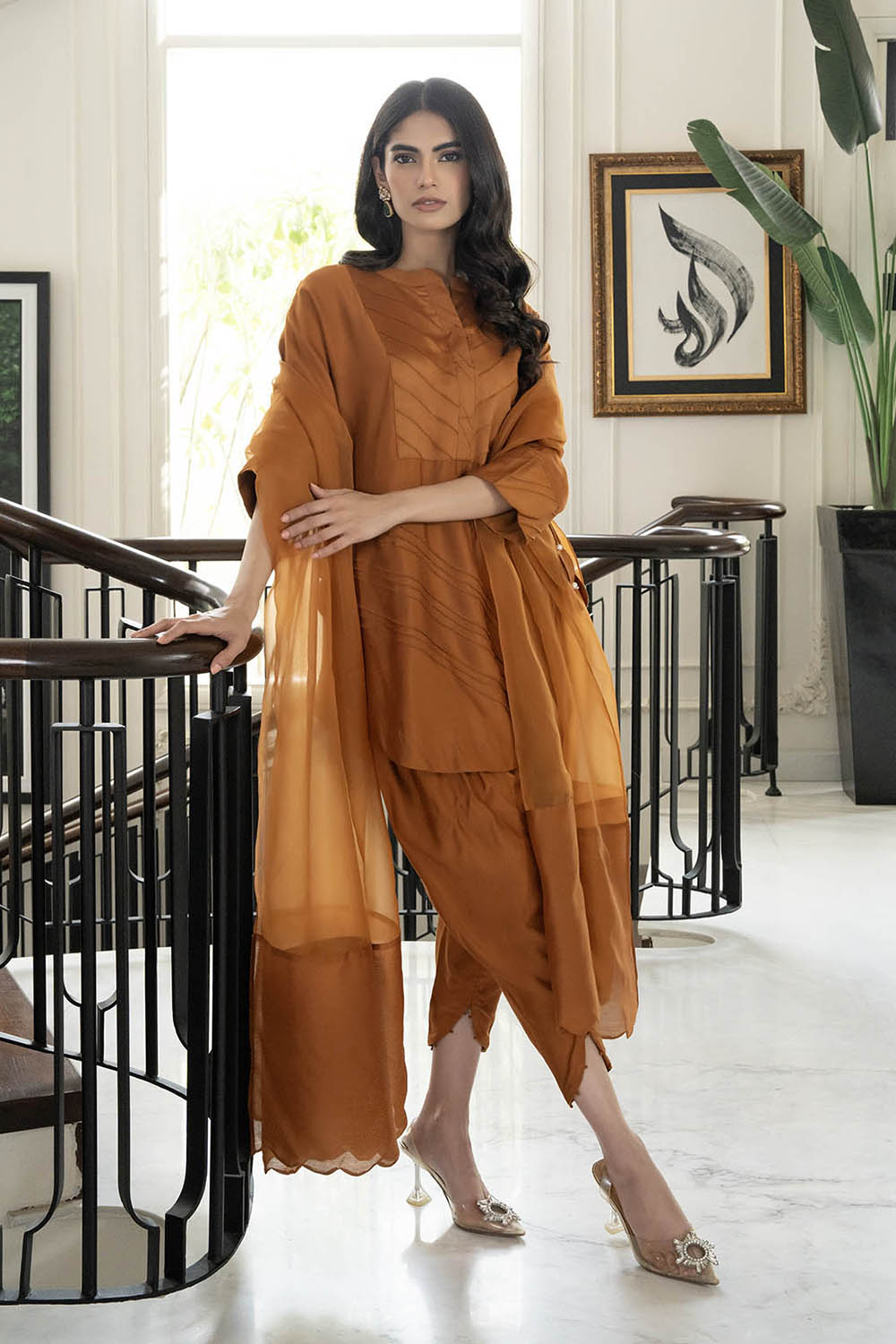 Khushboo & Pankaj Women Rust Brown Glace Cotton/Cotton Silk Suit Set
