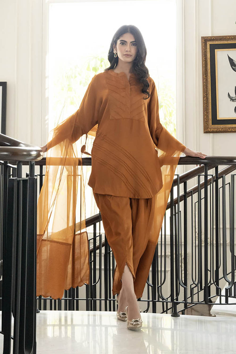 Khushboo & Pankaj Women Rust Brown Glace Cotton/Cotton Silk Suit Set