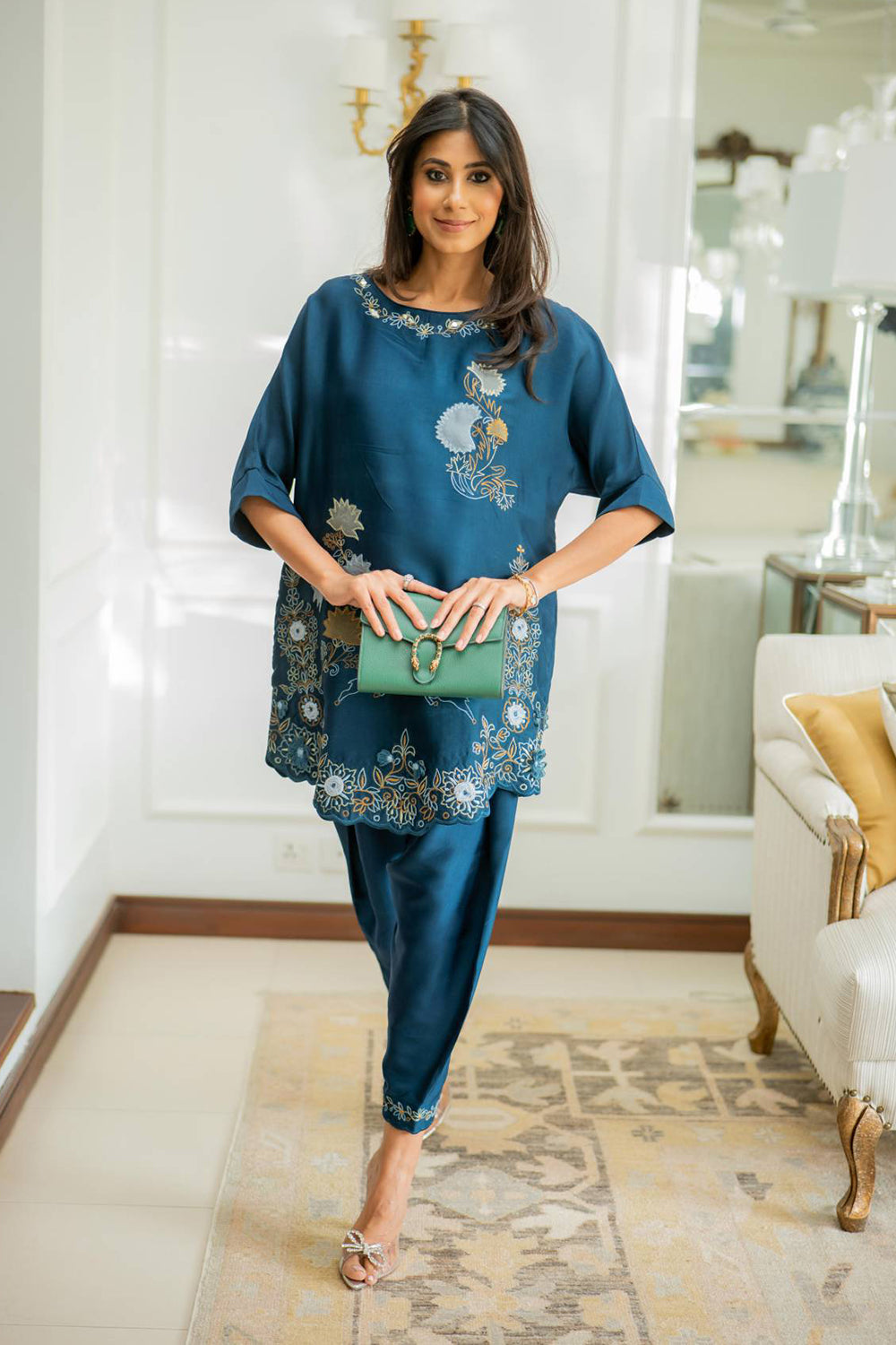 Khushboo & Pankaj Women Teal Blue Embroidered Co-ord Set with Tulip Pants