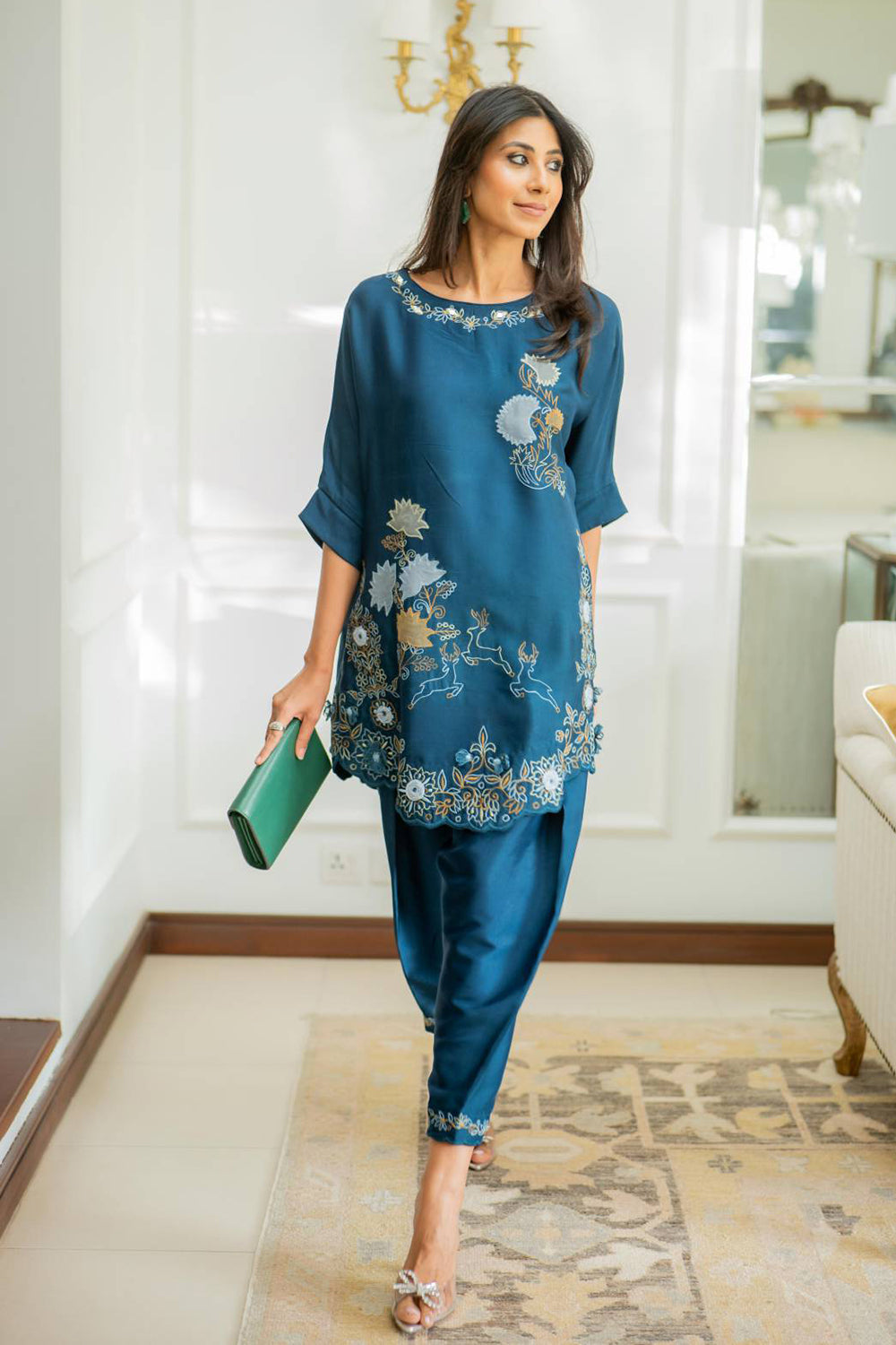 Khushboo & Pankaj Women Teal Blue Embroidered Co-ord Set with Tulip Pants