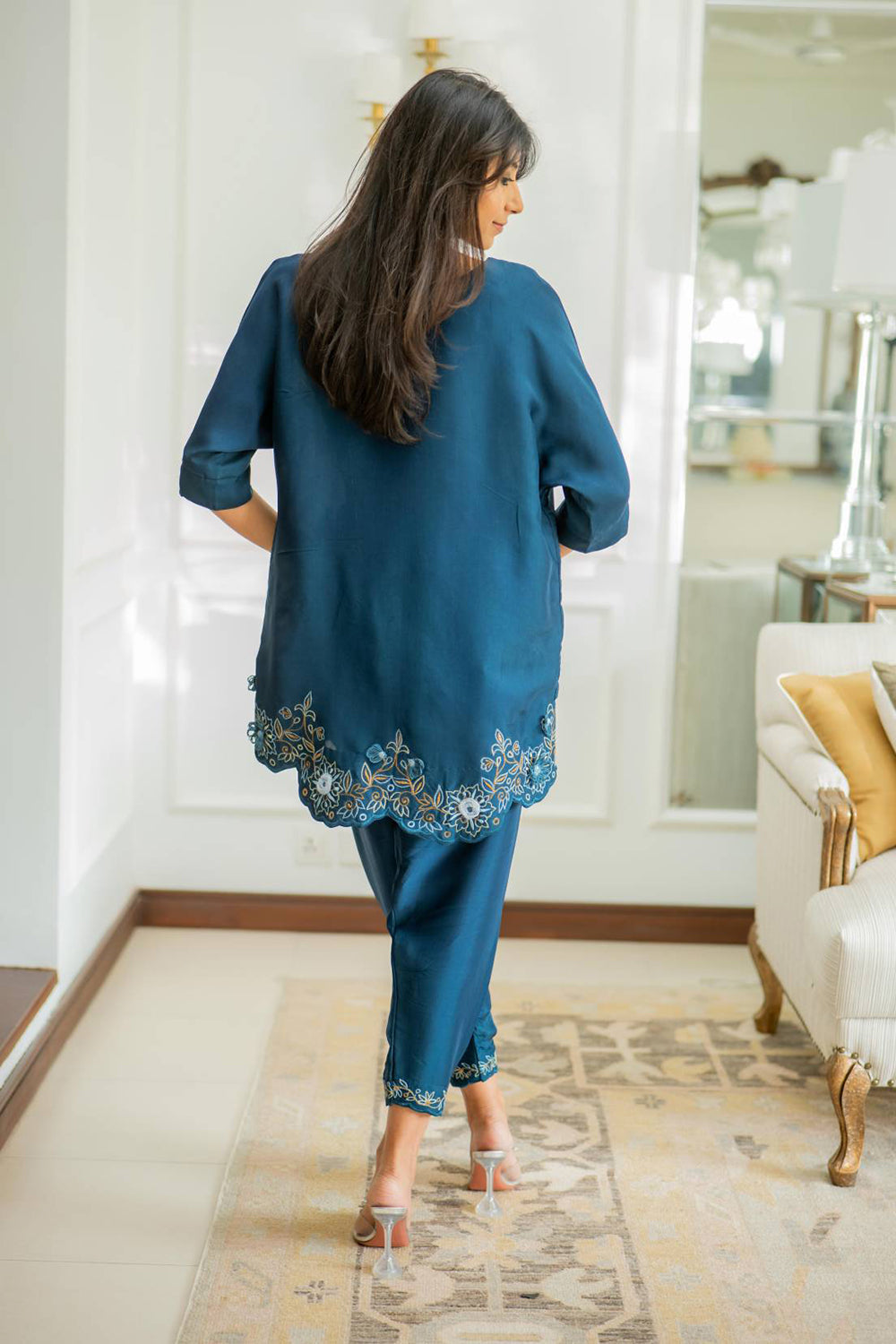 Khushboo & Pankaj Women Teal Blue Embroidered Co-ord Set with Tulip Pants