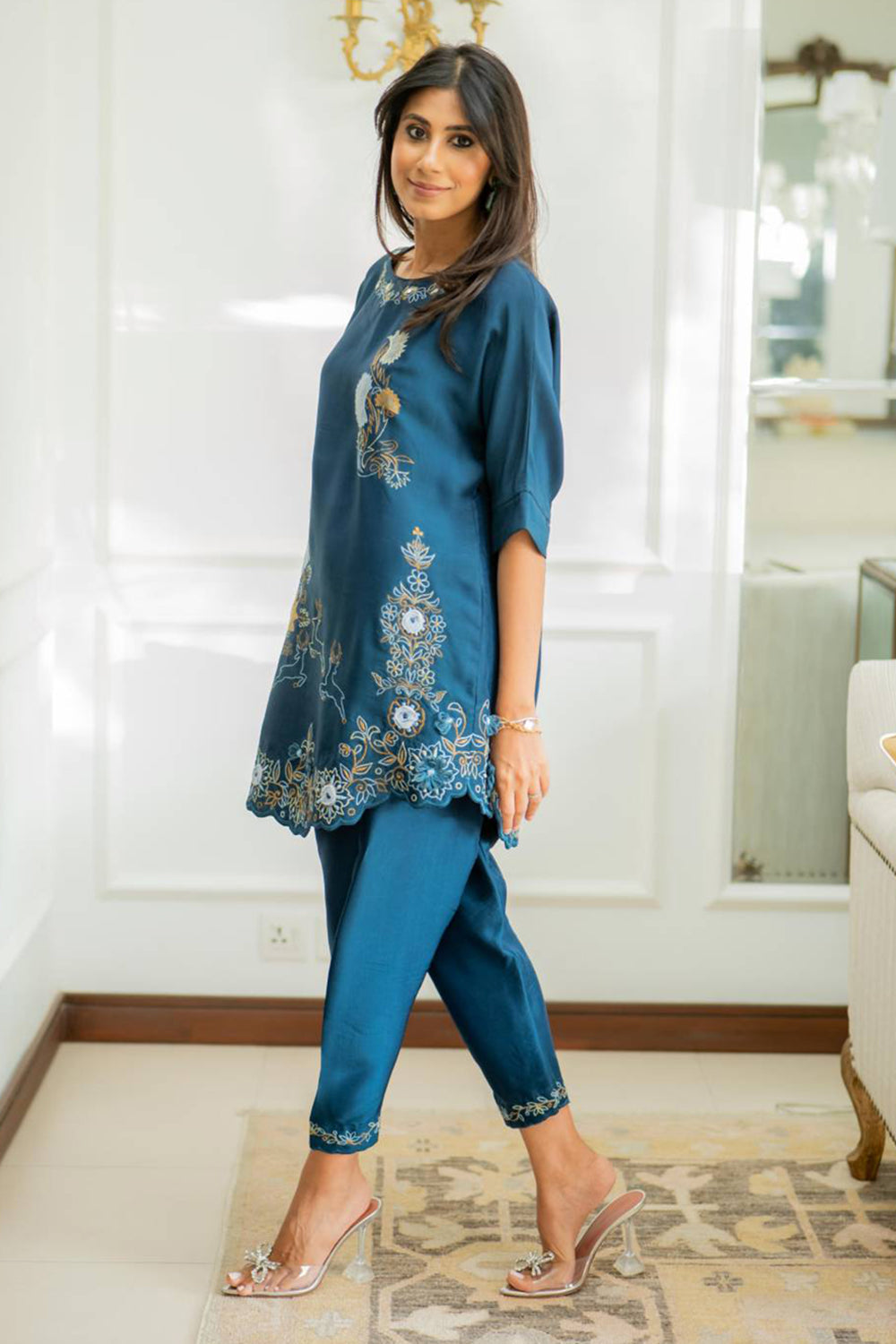 Khushboo & Pankaj Women Teal Blue Embroidered Co-ord Set with Tulip Pants