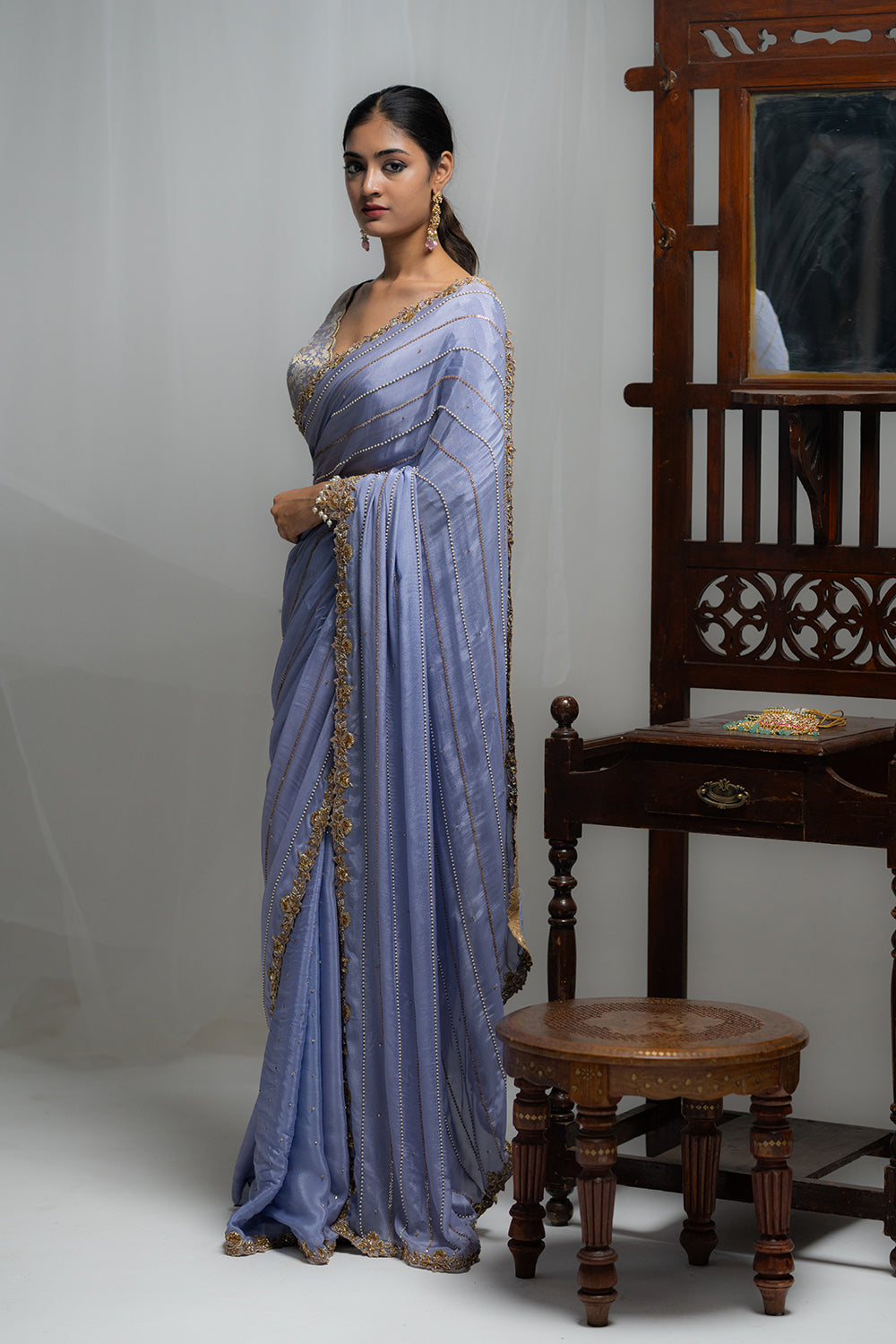 Lavender Blue Chiffon Saree with Full-Sleeve Blouse