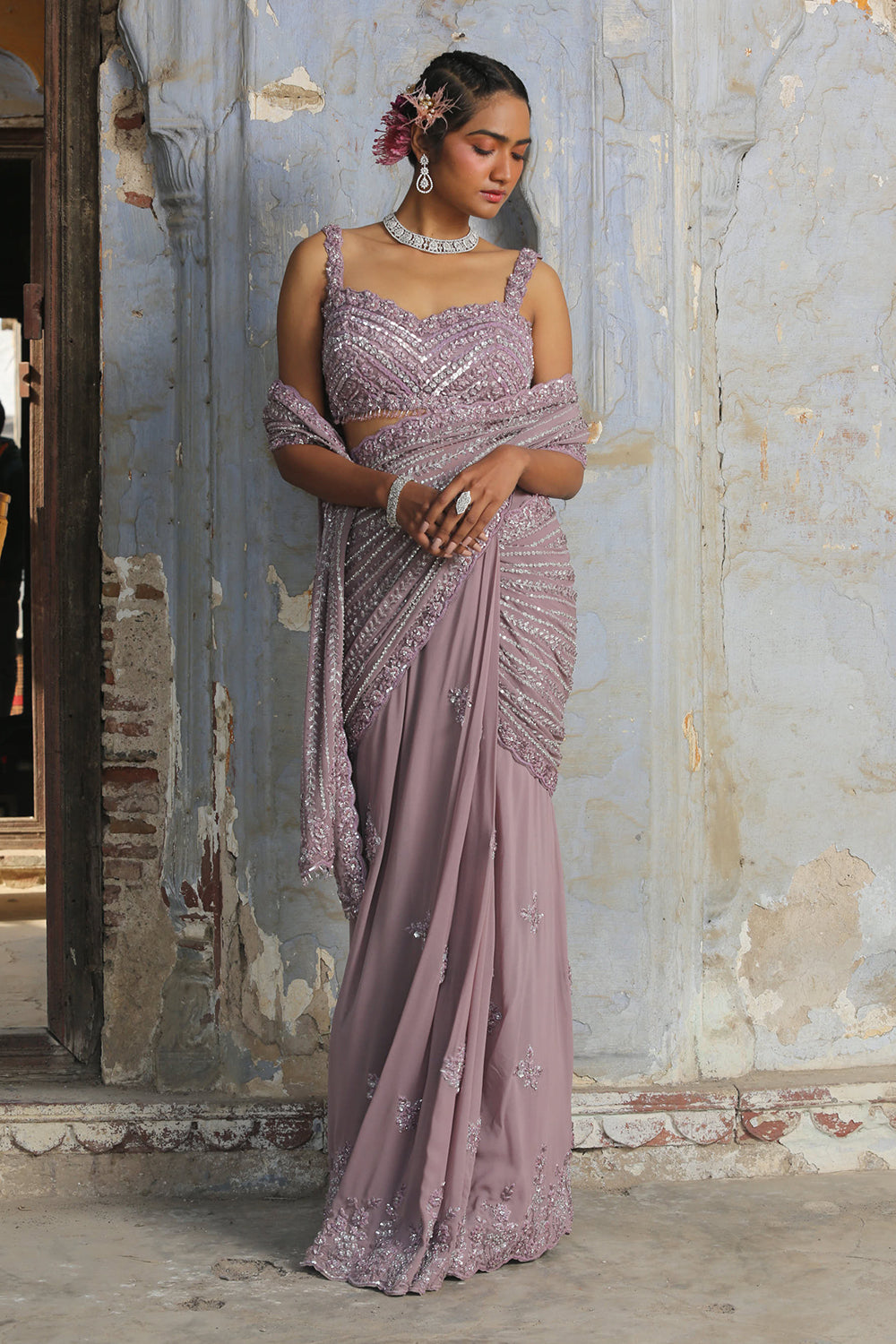 Lavender Georgette Drape Saree