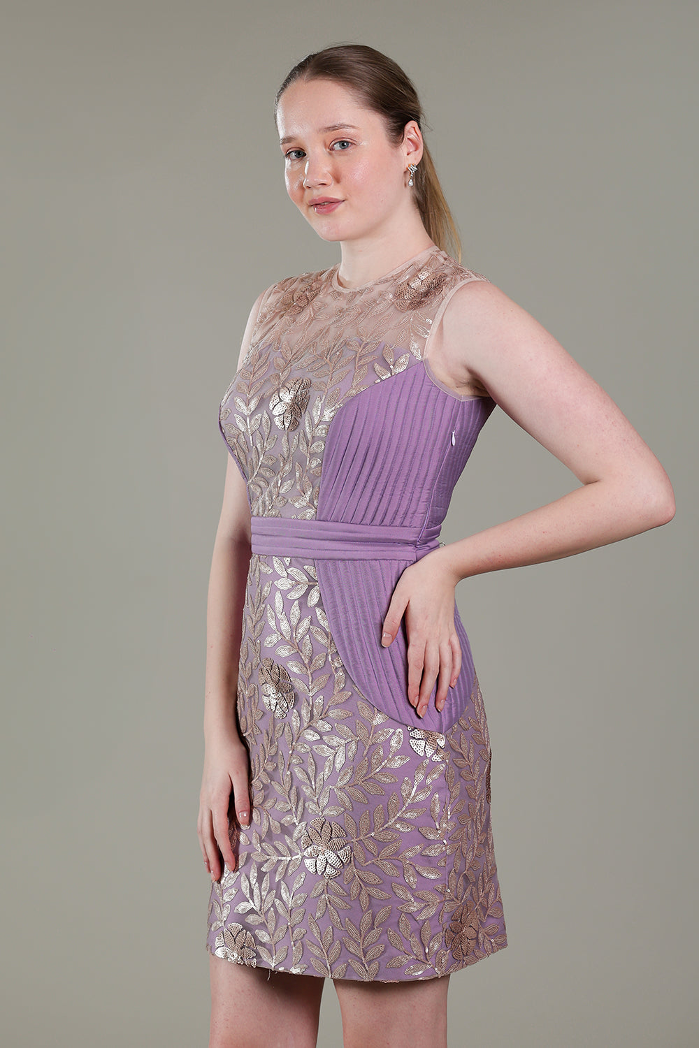 Lavender pleated dress with rose gold sequins handwork detailing