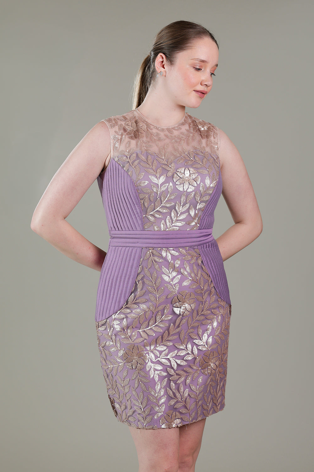 Lavender pleated dress with rose gold sequins handwork detailing