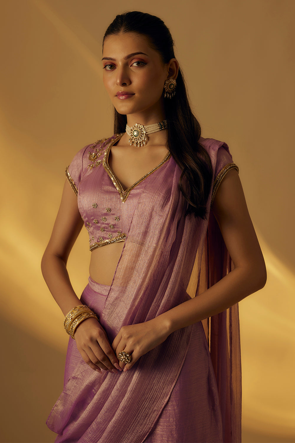 Lavender Pre-Drape Saree Set