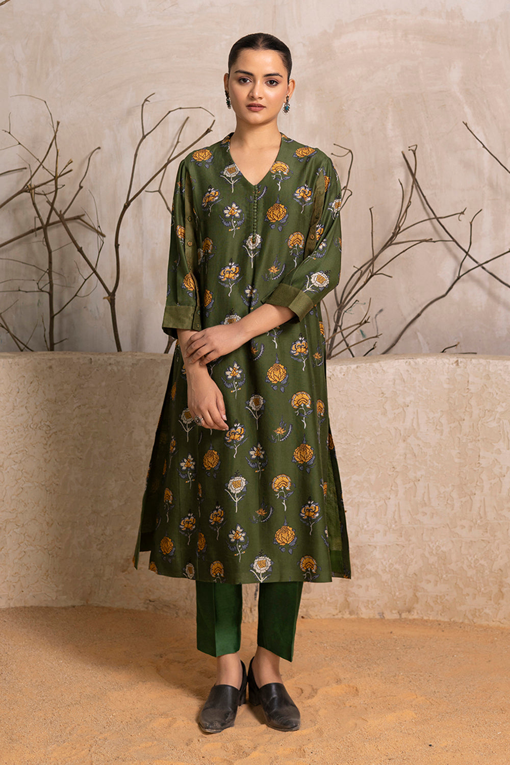 Leaf Green Silk Chanderi Printed Tunic