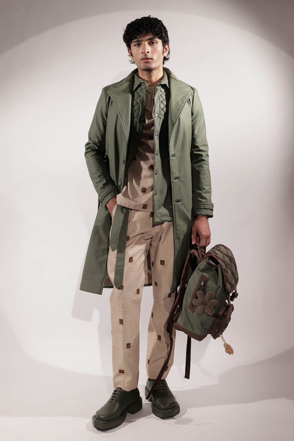 Leatherette green trench coat with belt