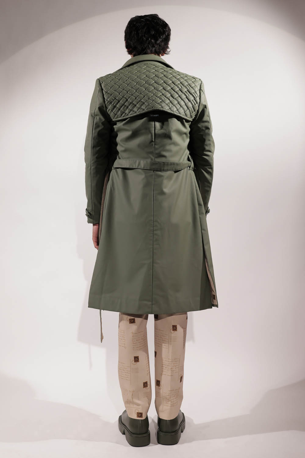 Leatherette green trench coat with belt