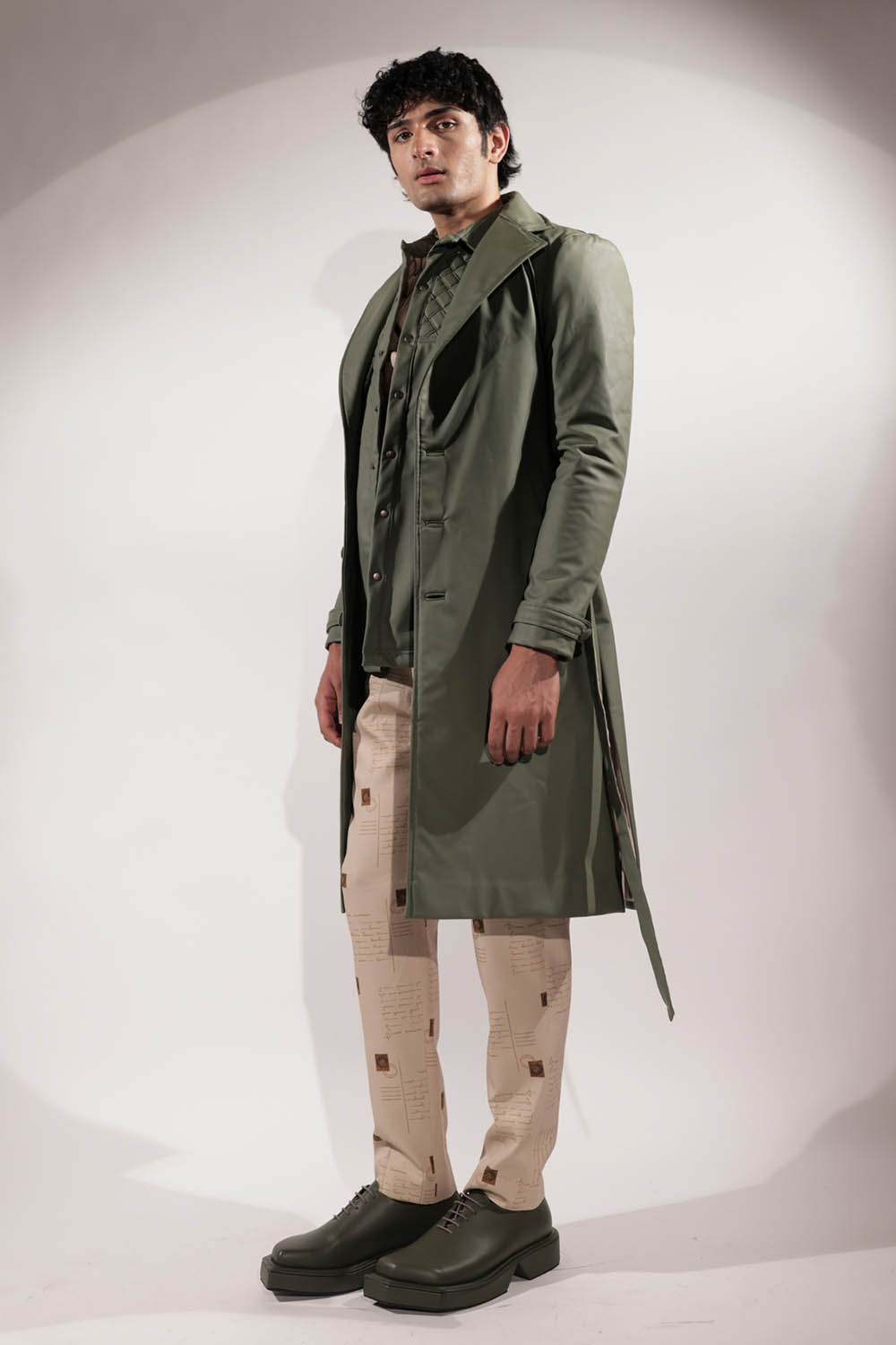 Leatherette green trench coat with belt