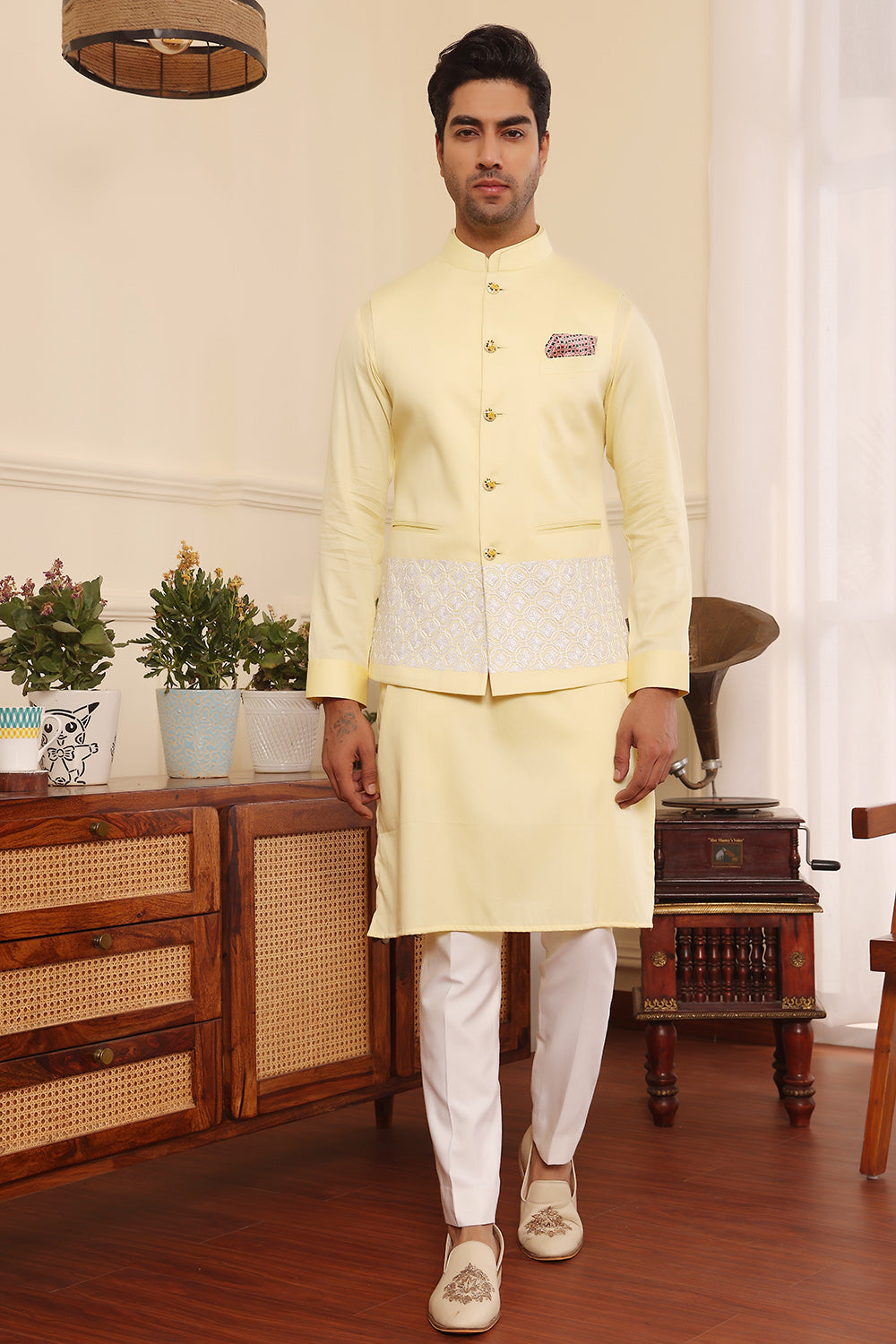 Lemon Kurta pants with embroidered Nehru Jacket