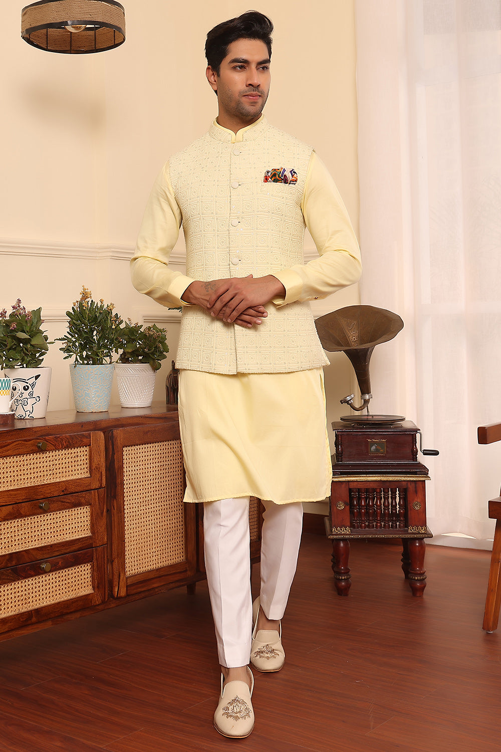 Lemon Kurta pants with sequence embroidered Nehru Jacket