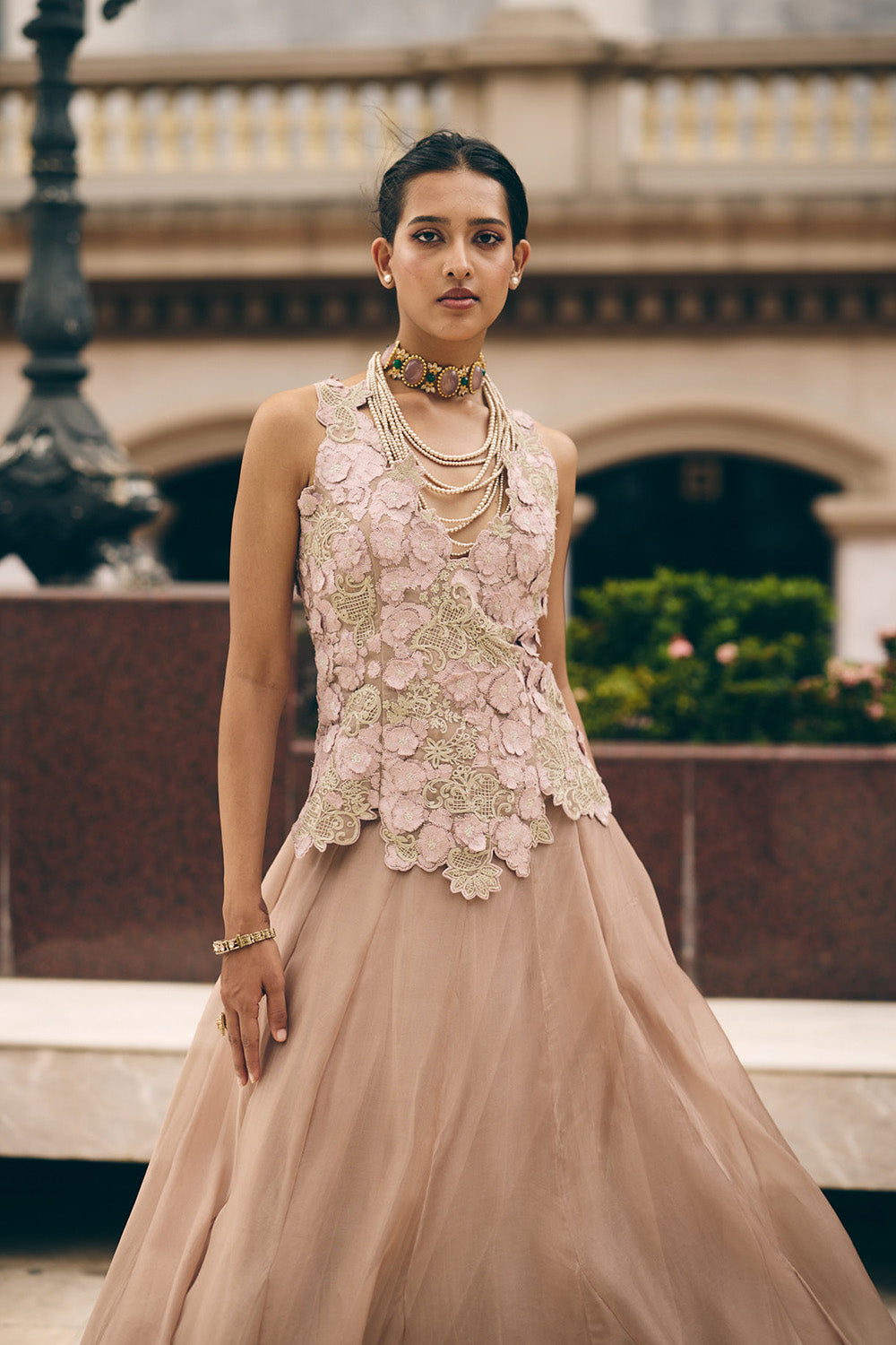 Light Brown V Neck Top With Skirt