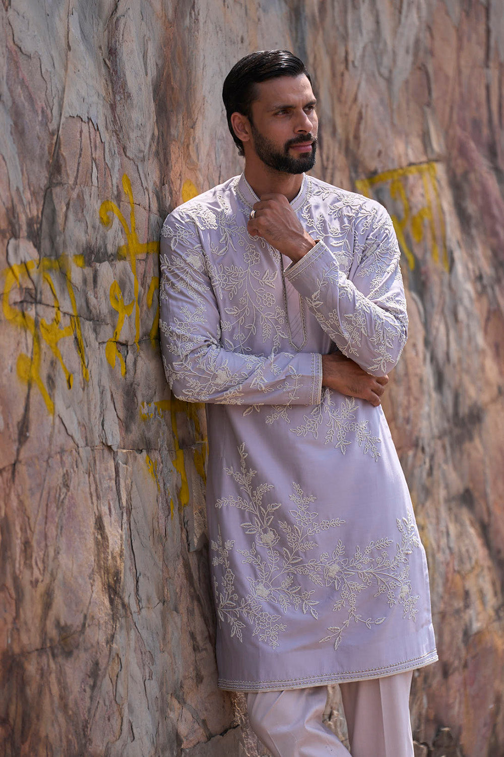 Light Grey Daffodil Pearl Creeper Kurta Set