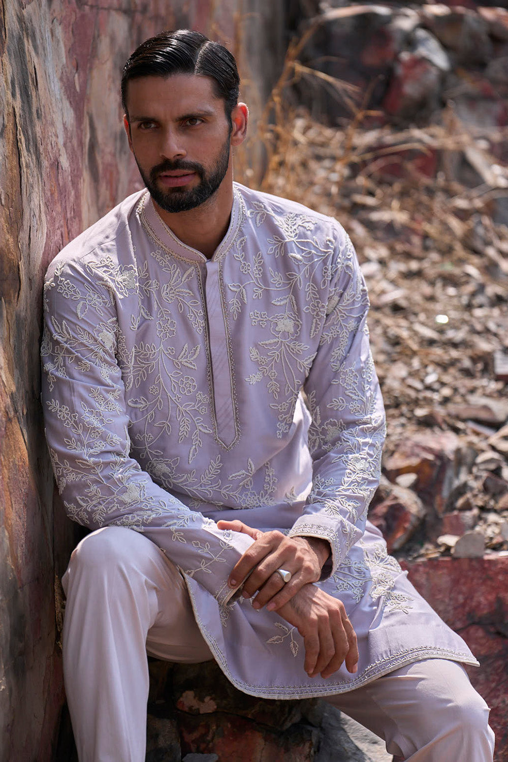 Light Grey Daffodil Pearl Creeper Kurta Set