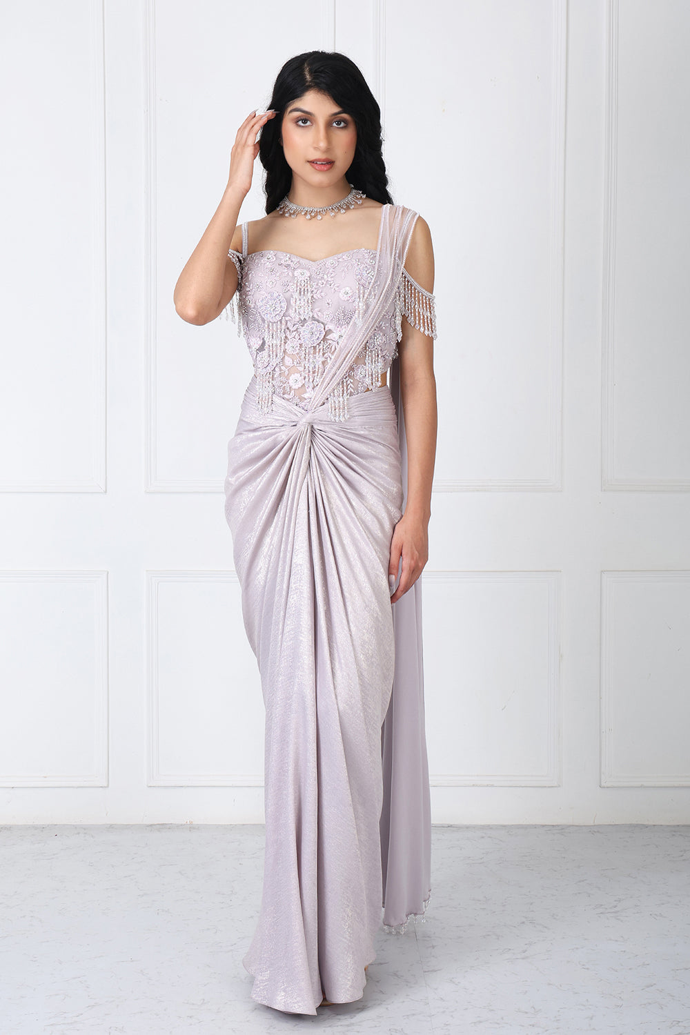 Lilac Drape Saree With Embroidered Bodysuit