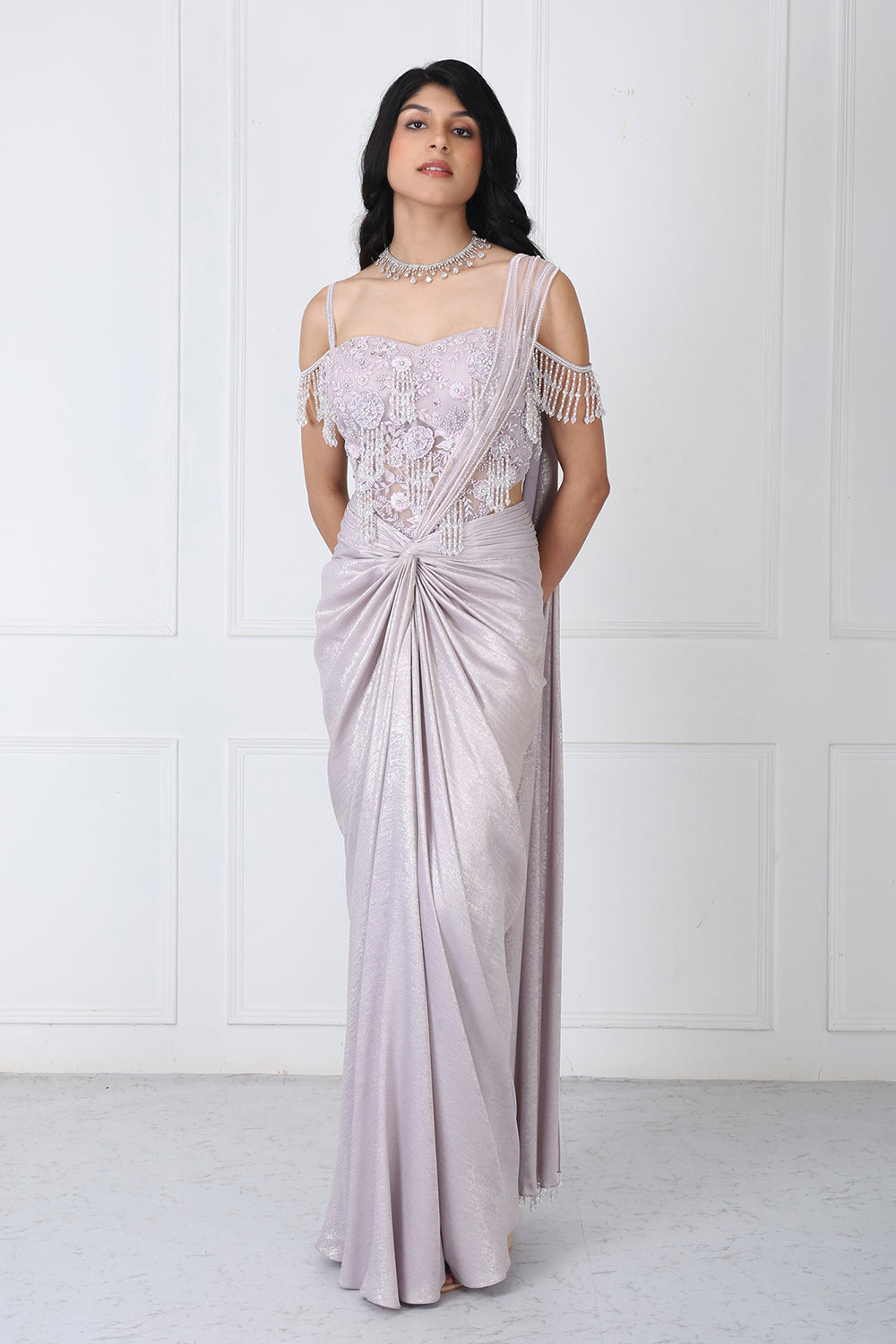 Lilac Drape Saree With Embroidered Bodysuit