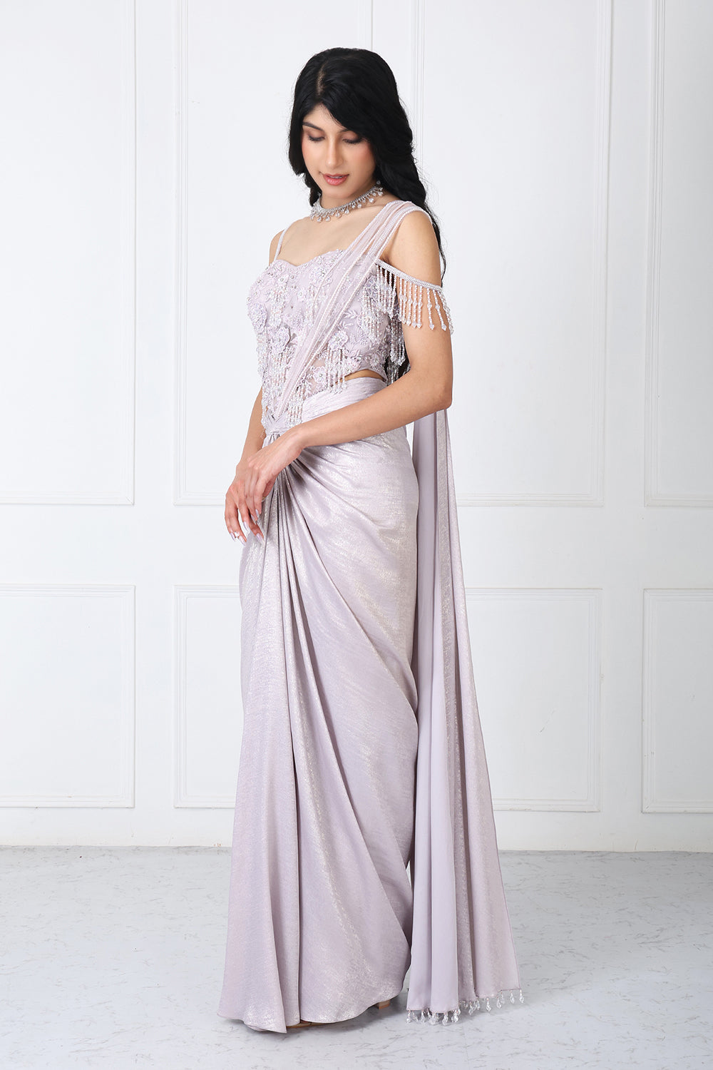 Lilac Drape Saree With Embroidered Bodysuit