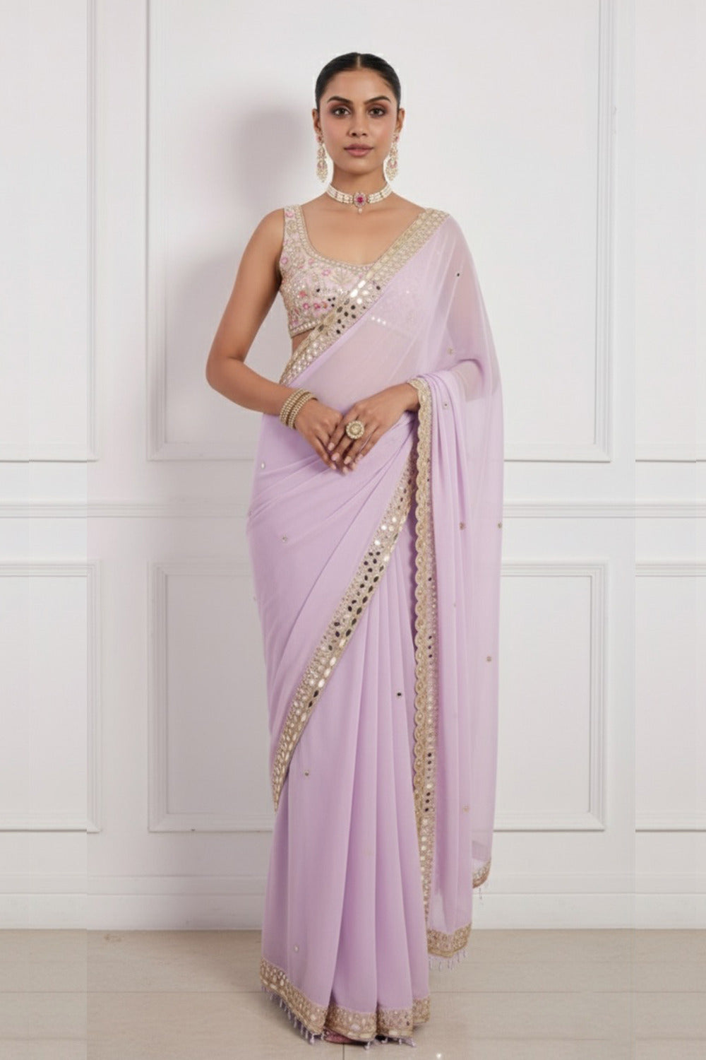 Lilac Hand Embroidered Saree Set