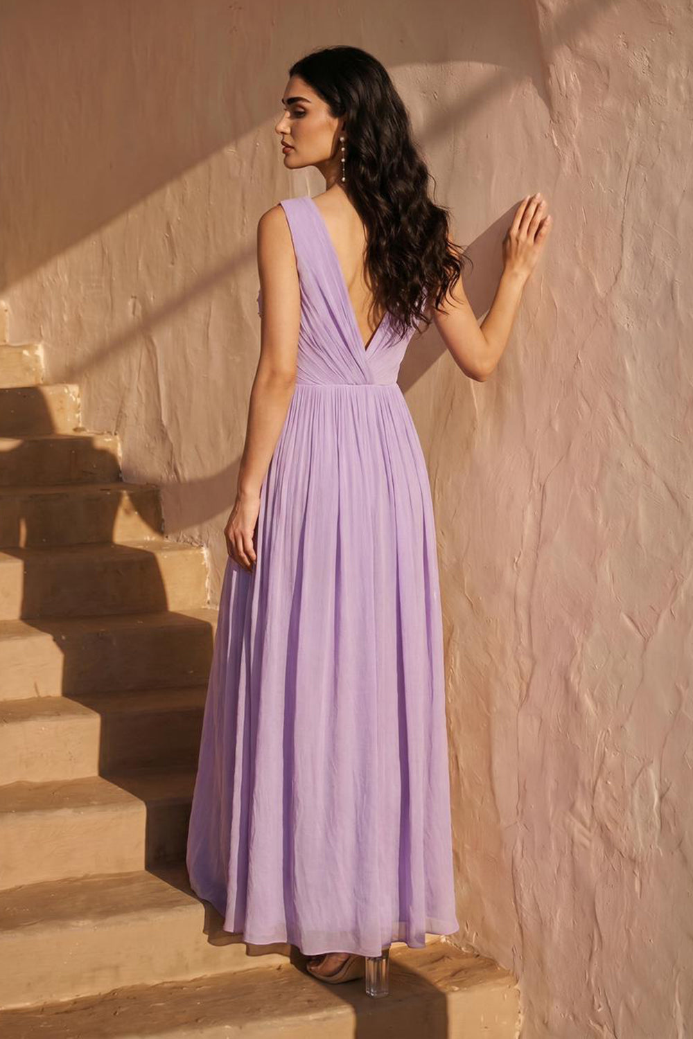 Lilac Pearl Embellished Pleated Evening Gown
