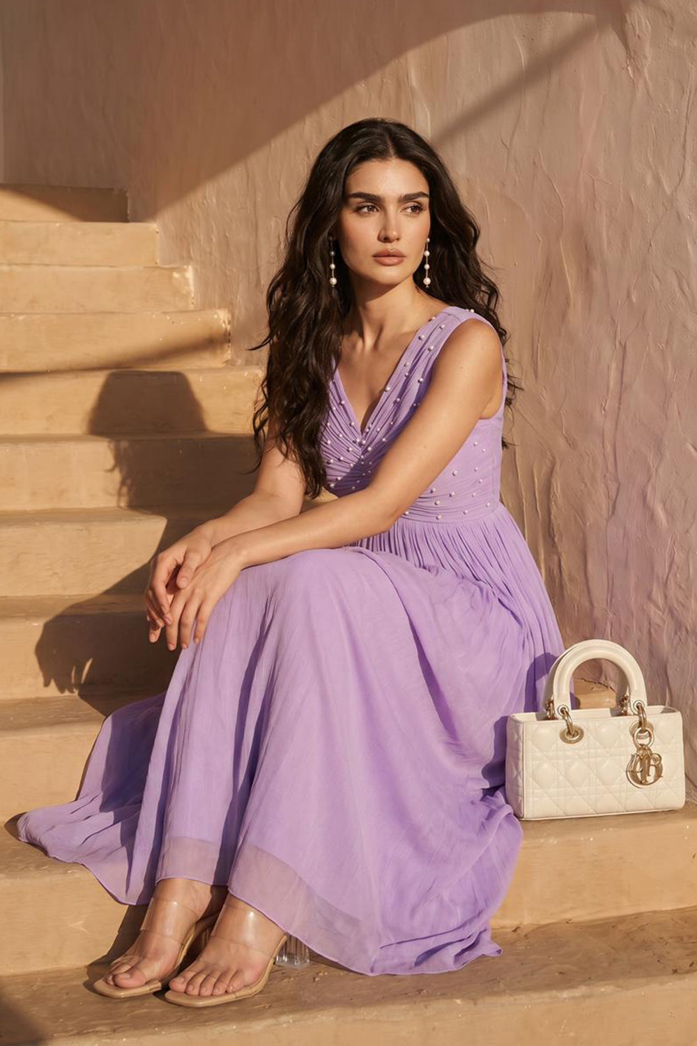 Lilac Pearl Embellished Pleated Evening Gown