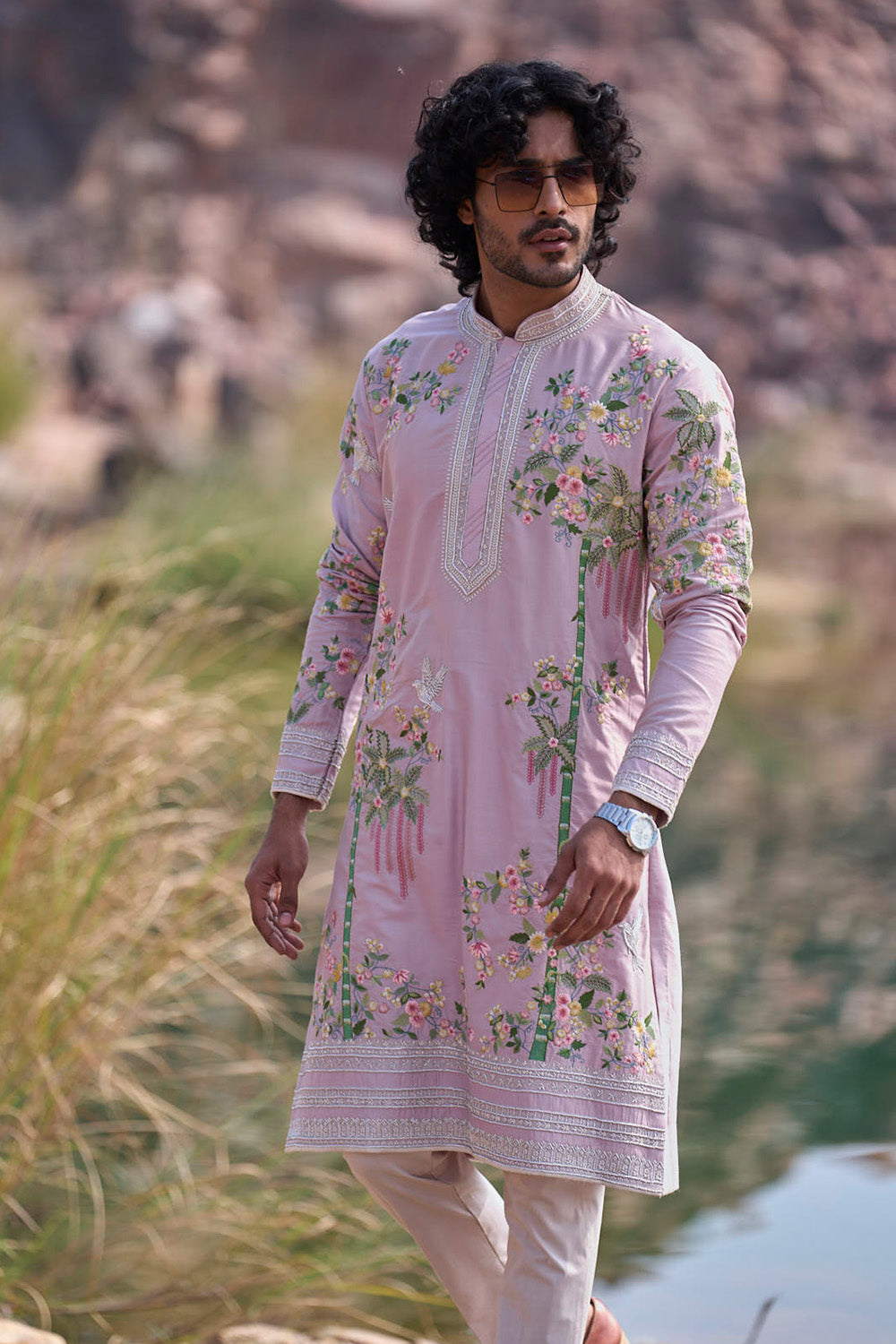 Lilac Royal Palm Tree Creeper Bird Multithread Kurta Set