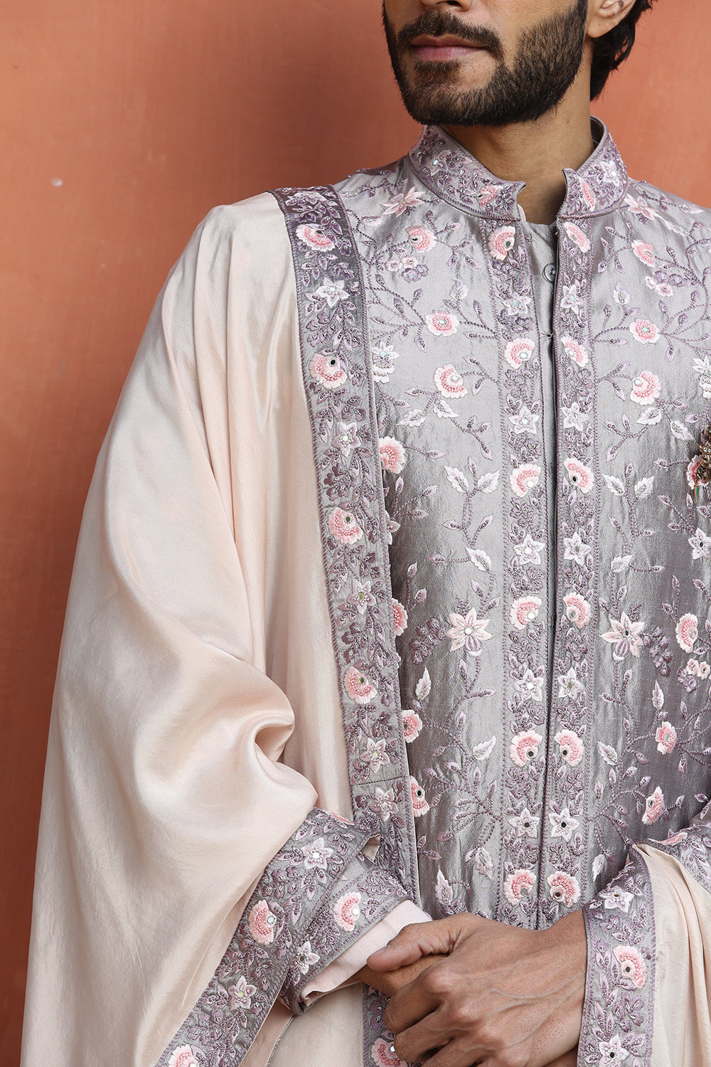 Lilac Tafetta Floral Embroidered Achkan With Kurta And Pant