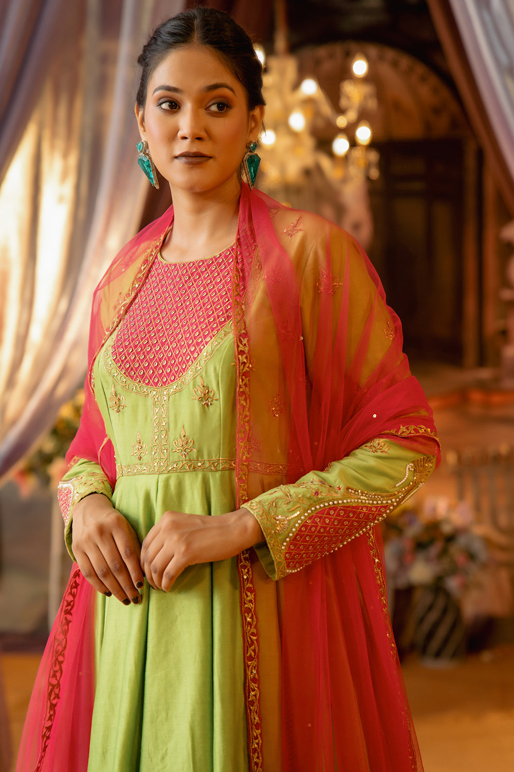 Lime Green And Magenta Peplum With Sharara