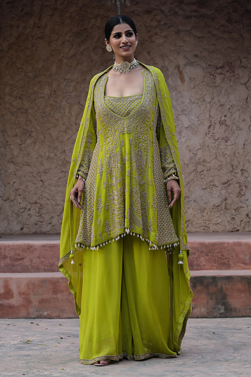 Lime Green Georgette Beads Embroidered Kurta Palazzo Set