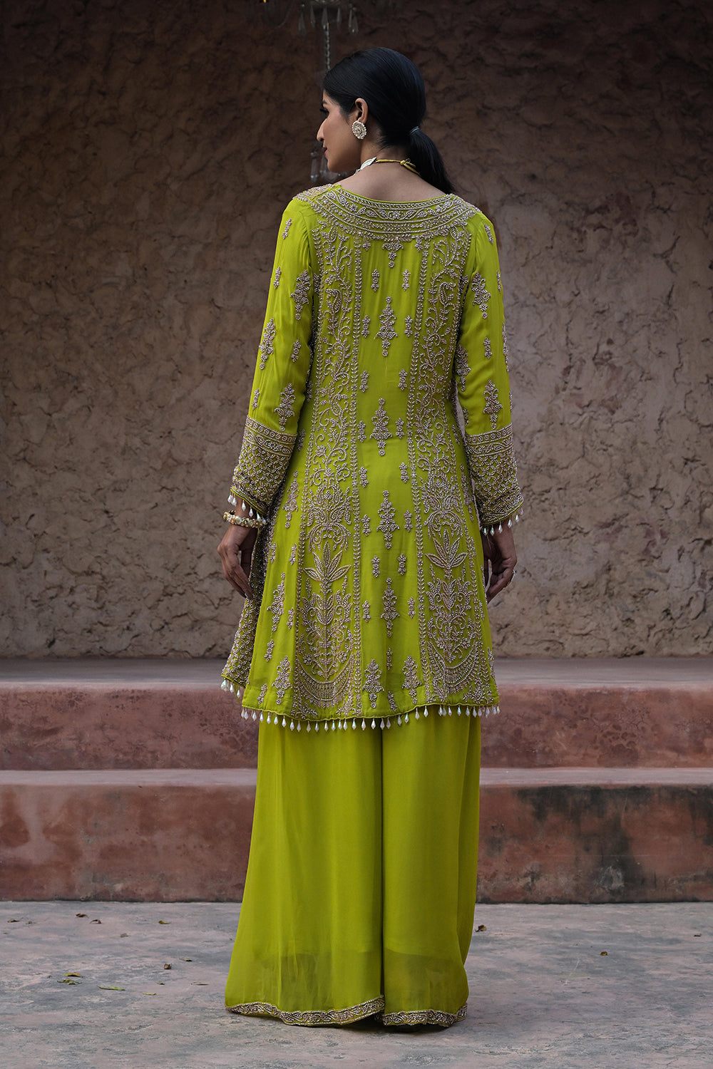 Lime Green Georgette Beads Embroidered Kurta Palazzo Set