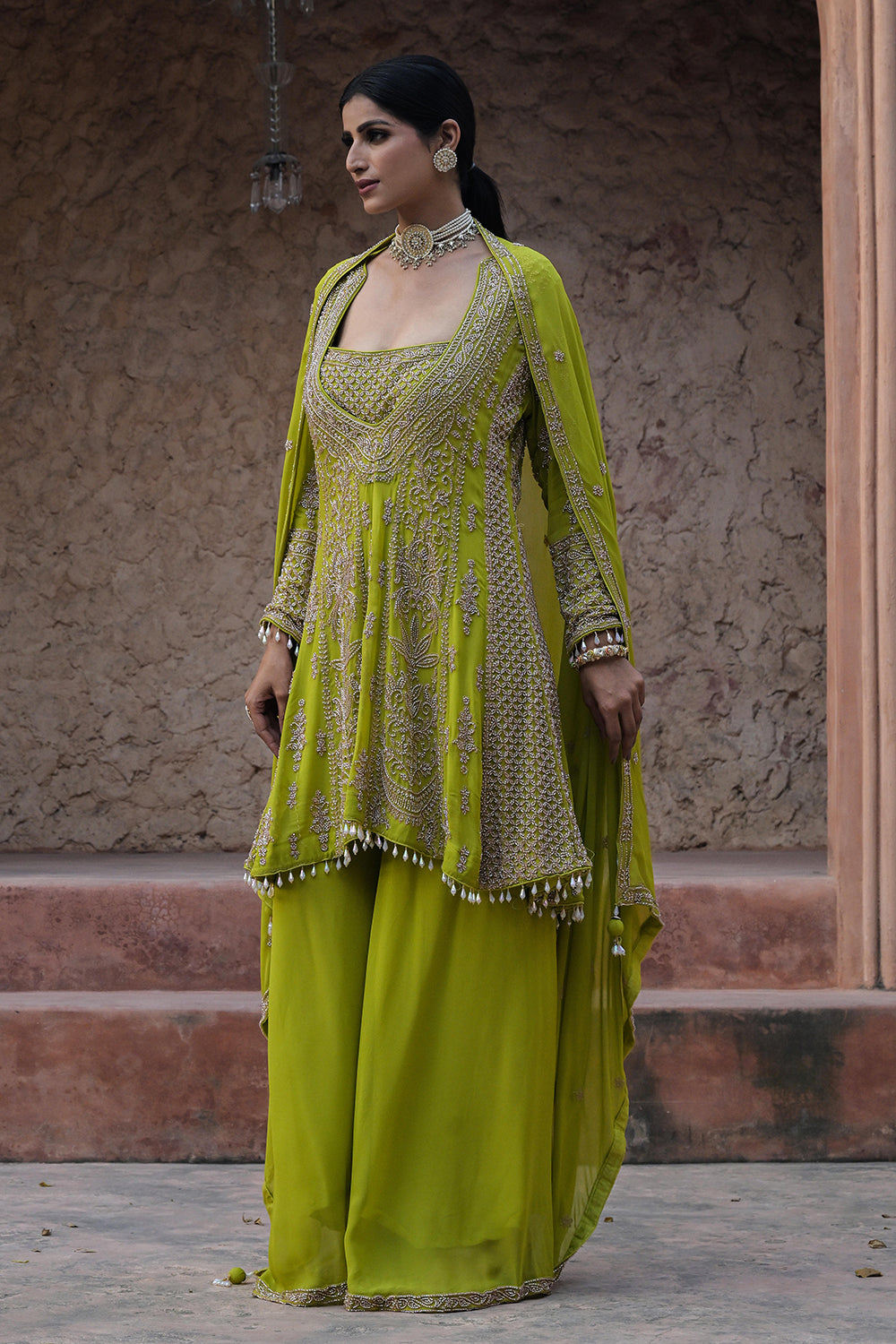 Lime Green Georgette Beads Embroidered Kurta Palazzo Set
