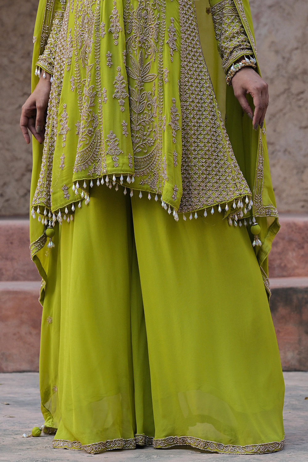 Lime Green Georgette Beads Embroidered Kurta Palazzo Set