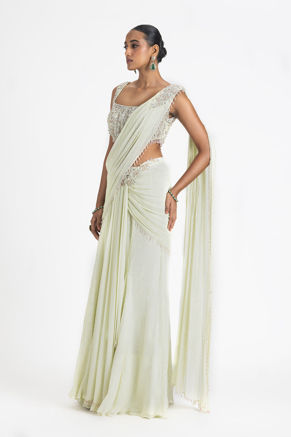 Lime Green Lurex Georgette Pre-Draped Saree