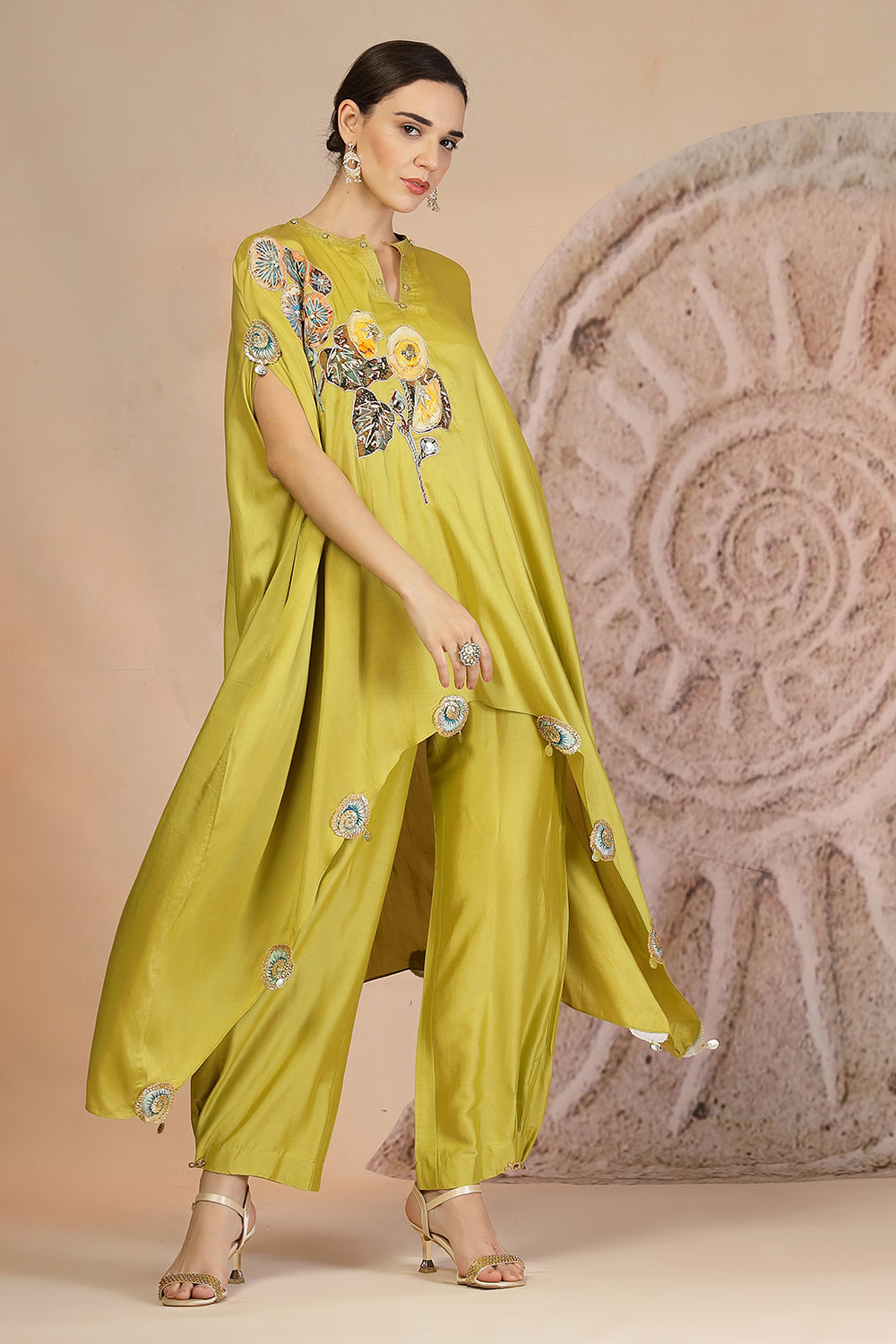 Lime Yellow Asymmetric Kurta with Farshi Salwar & Embroidery Detail