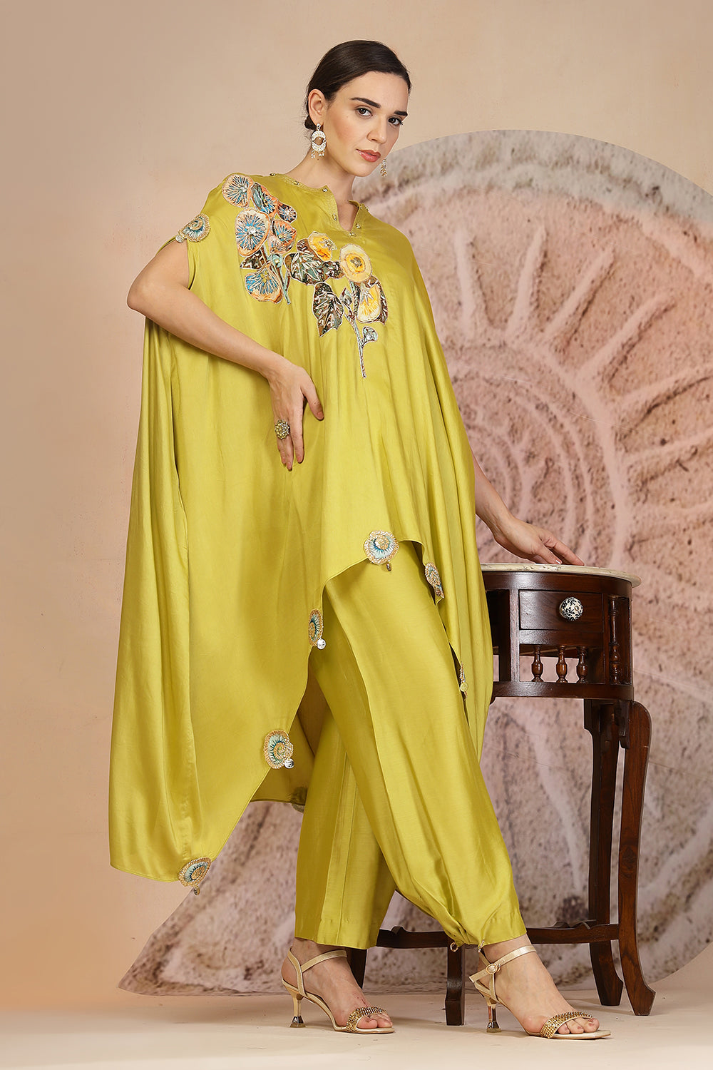 Lime Yellow Asymmetric Kurta with Farshi Salwar & Embroidery Detail