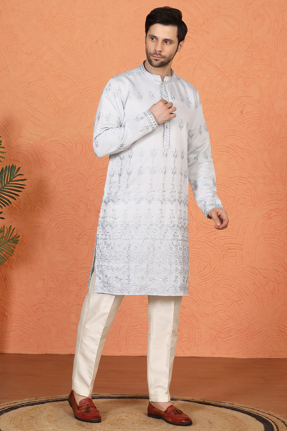 Lucknowi  Embroidered Nawaab Saab Kurta with Back Elastic Pants