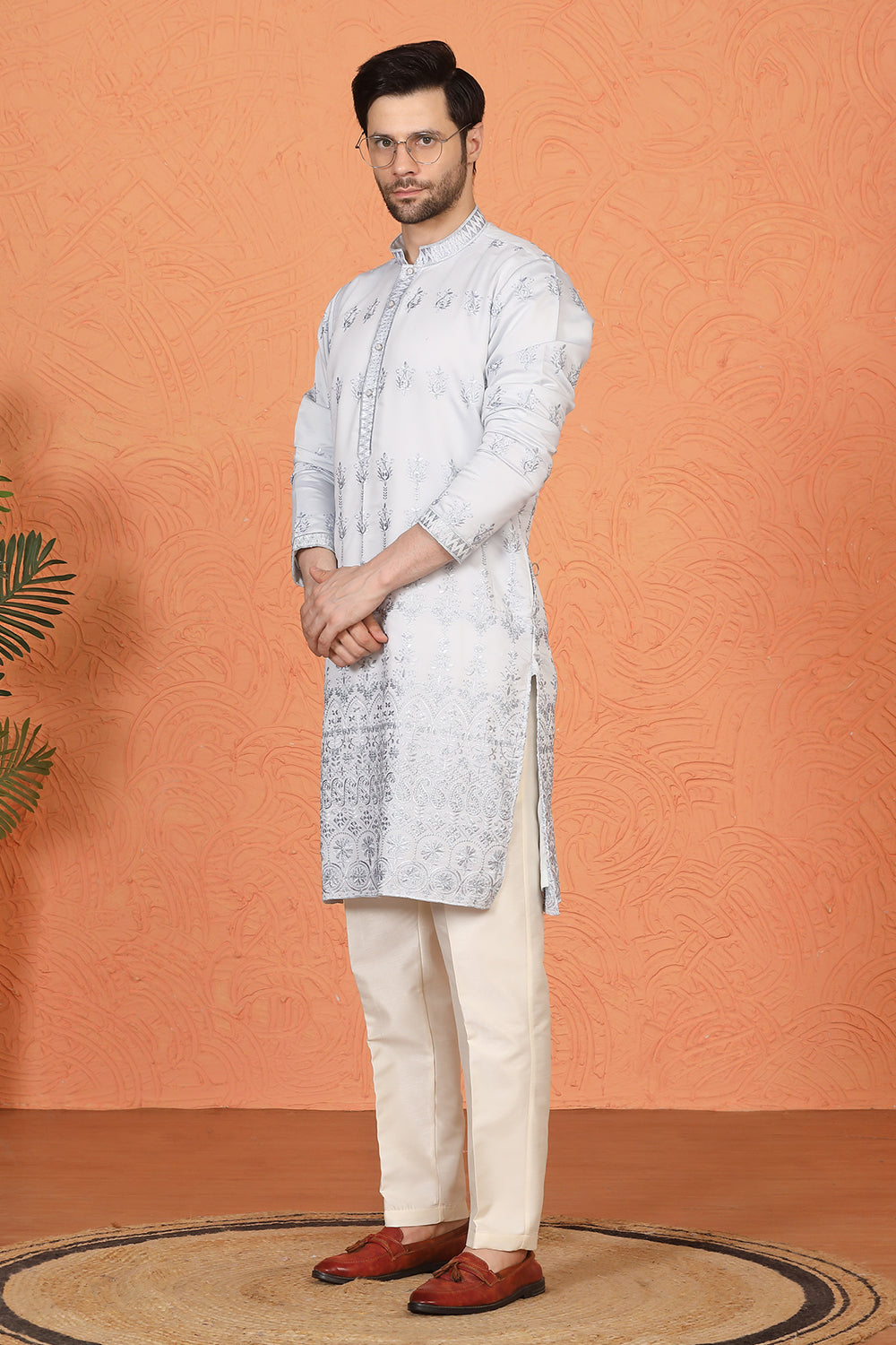 Lucknowi  Embroidered Nawaab Saab Kurta with Back Elastic Pants