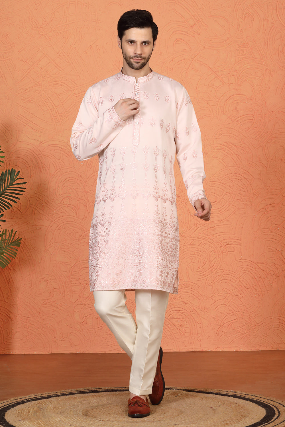 Lucknowi  Embroidered Nawaab Saab Kurta with Back Elastic Pants