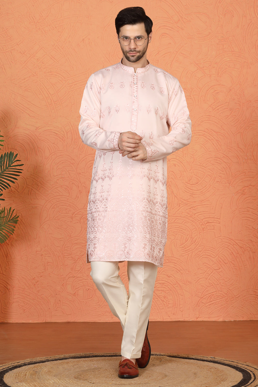Lucknowi  Embroidered Nawaab Saab Kurta with Back Elastic Pants