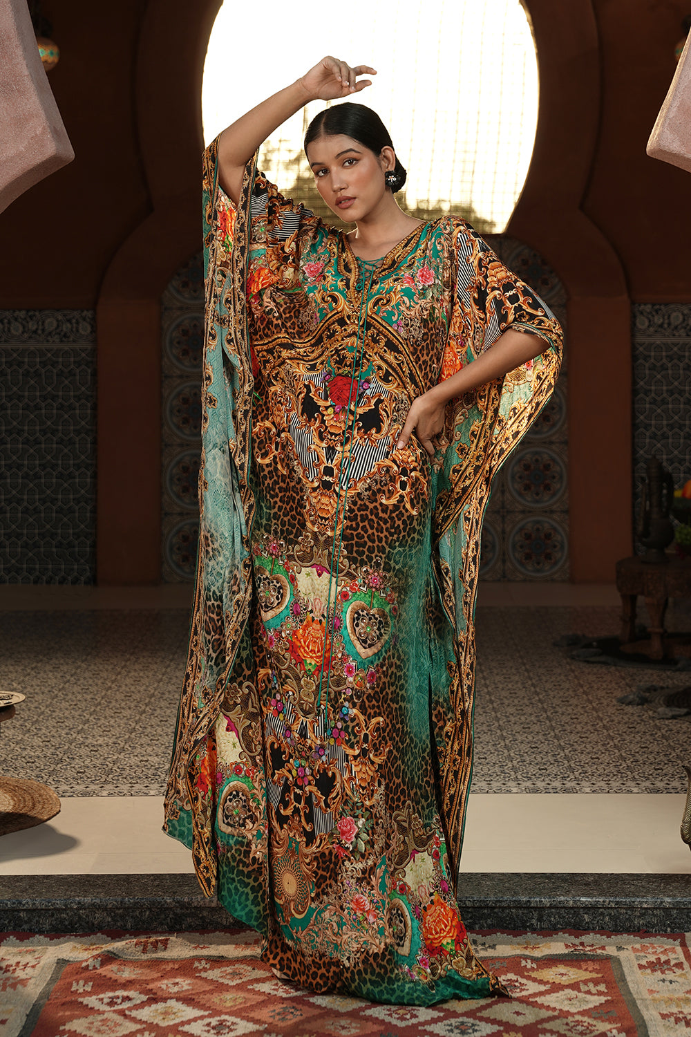 Turquoise Printed Kaftan Gown
