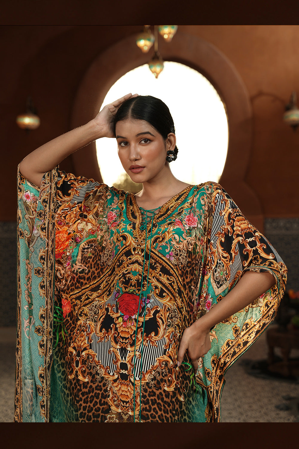 Turquoise Printed Kaftan Gown