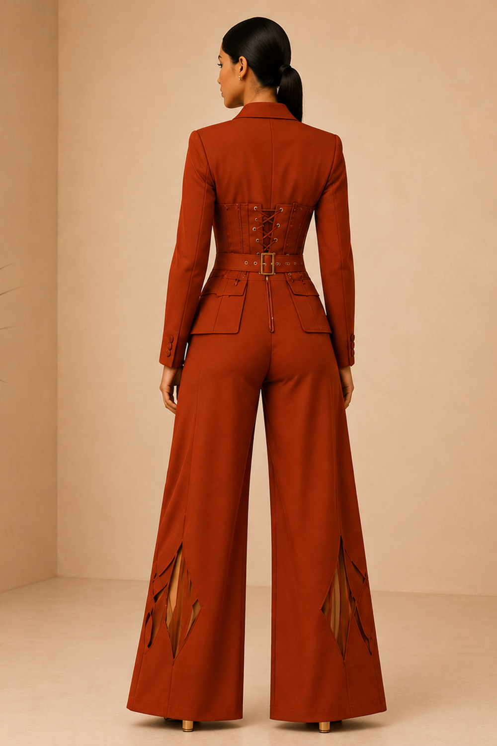 Luxury Rust Blazer Set with Cutout Wide-Leg Trousers