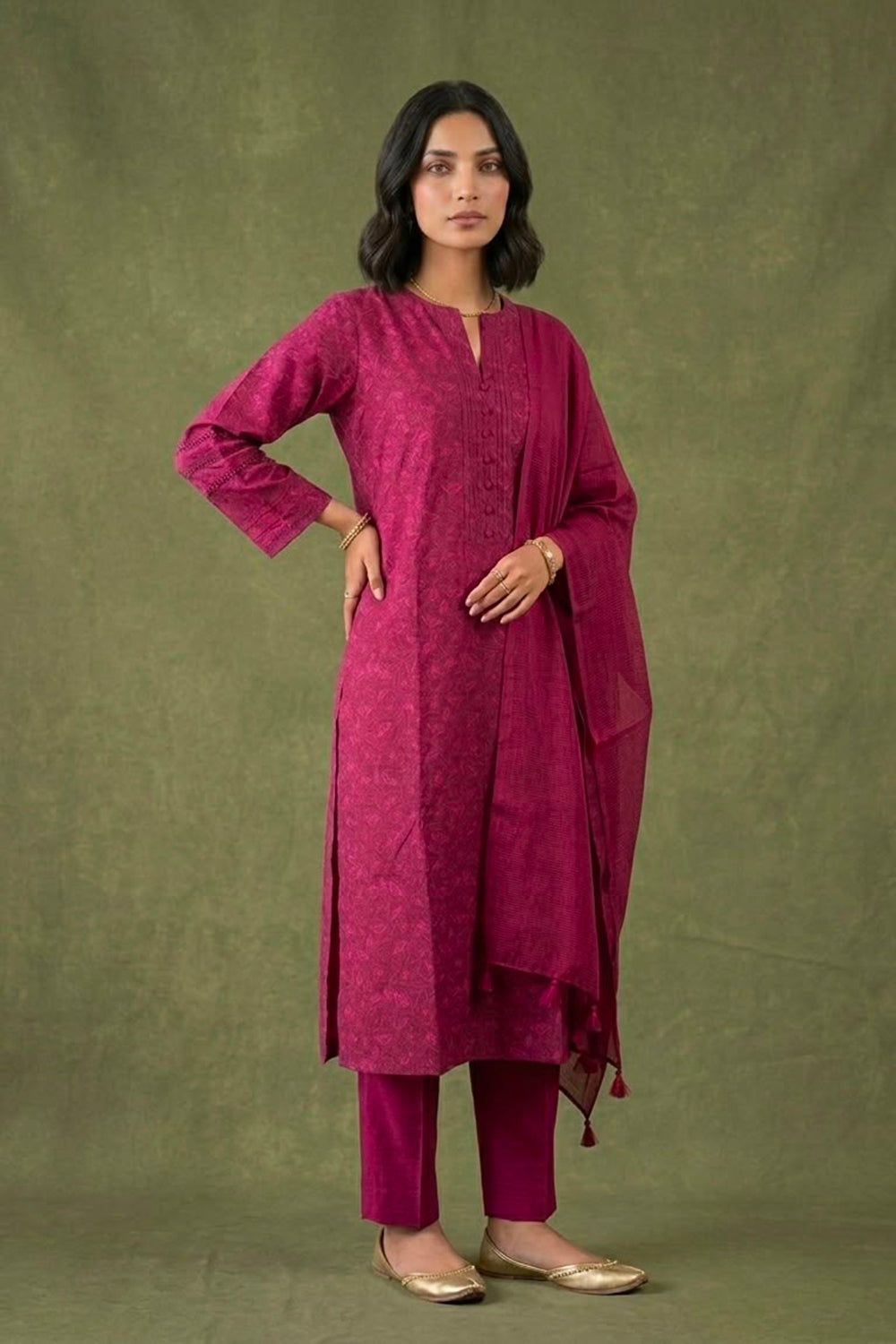 Magenta allover printed suit set