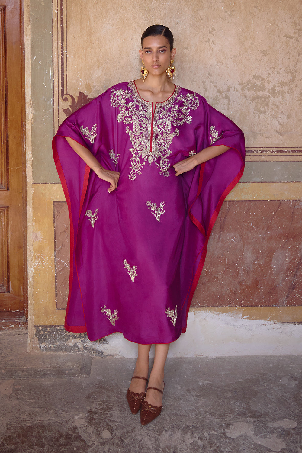 Magenta New Zardozi Flower Butta Kaftan Set